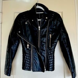 Black, faux leather motorcycle jacket
